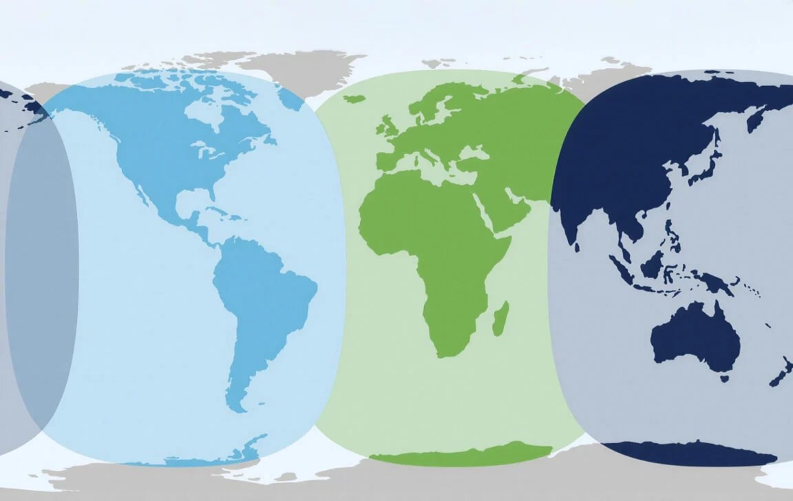 Inmarsat satellite coverage by beam, showing near-global reach across the Americas, Europe, Africa and Asia with no polar service
