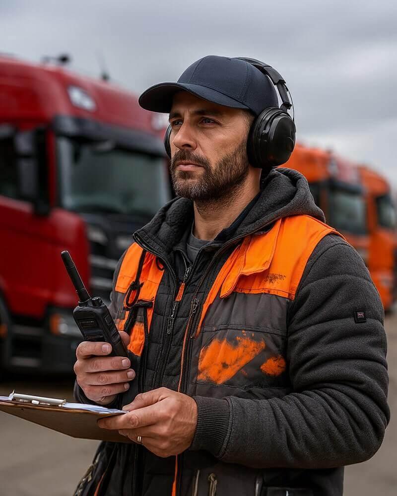 ICOM IC-SAT100 radio clipped to a work vest with a speaker microphone.