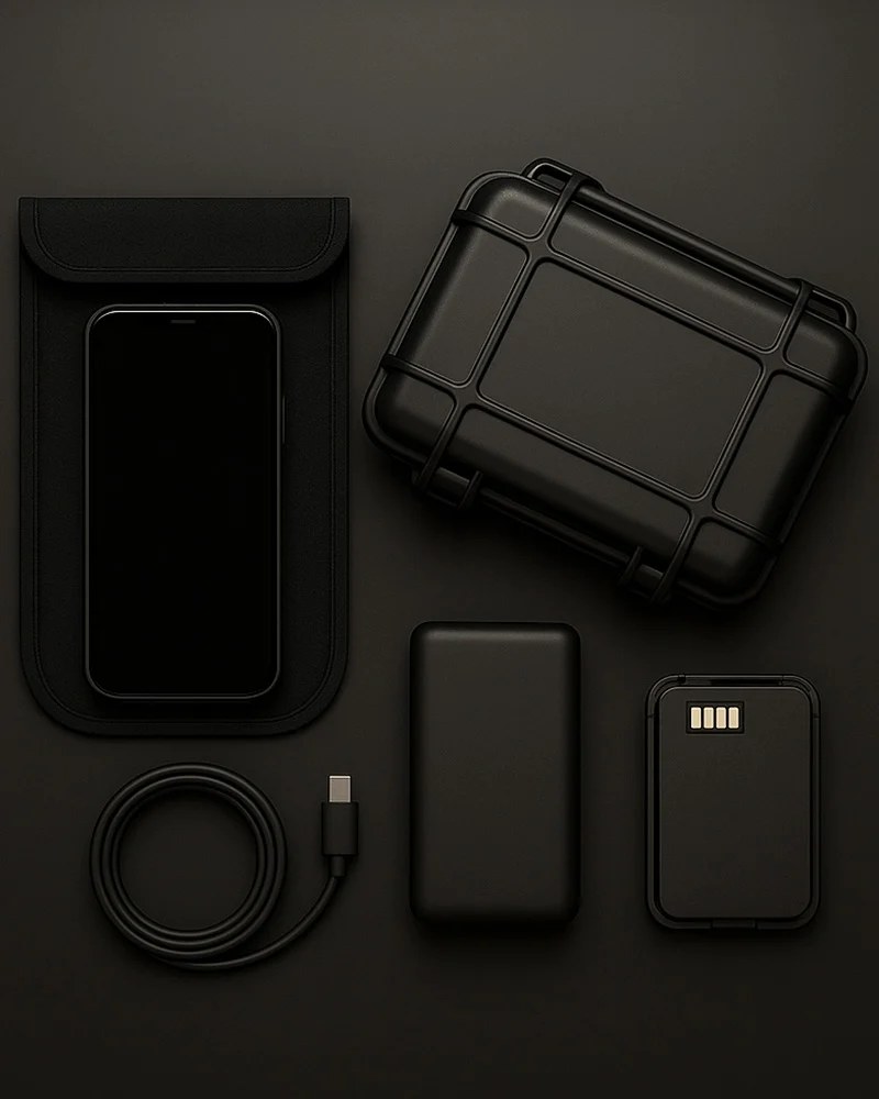 Satellite phone accessories laid out: case, cable, power bank and Faraday bag