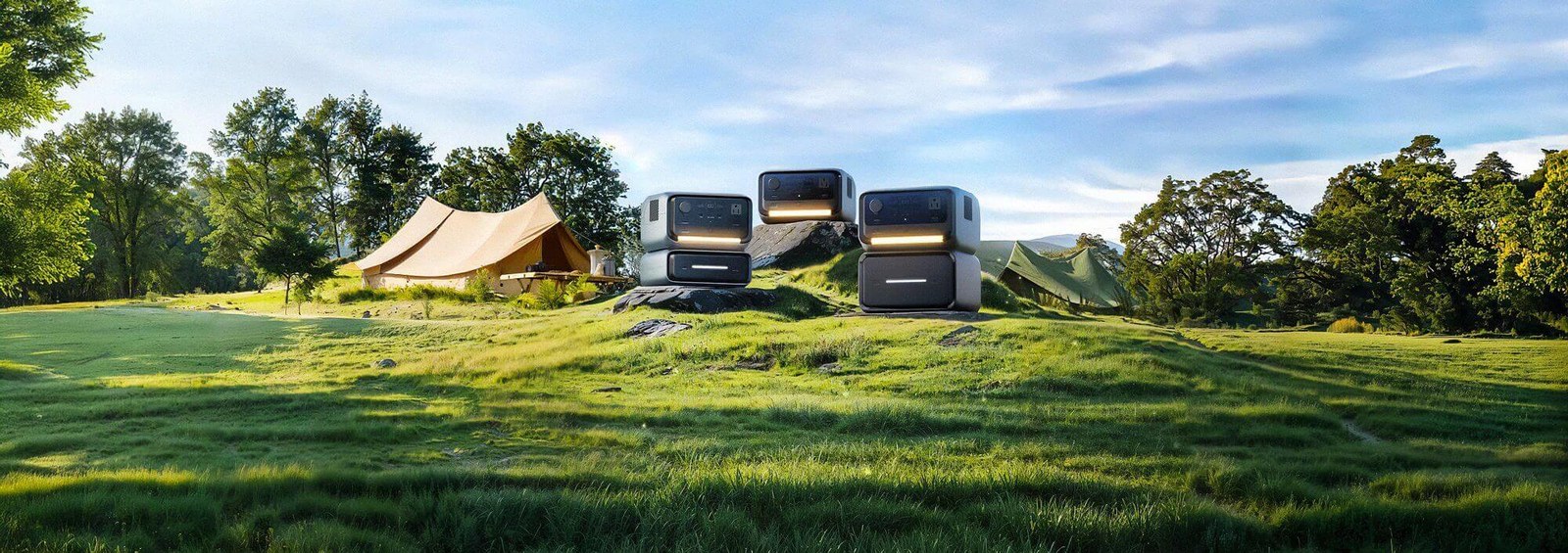 Portable power stations set up beside tents at a campsite