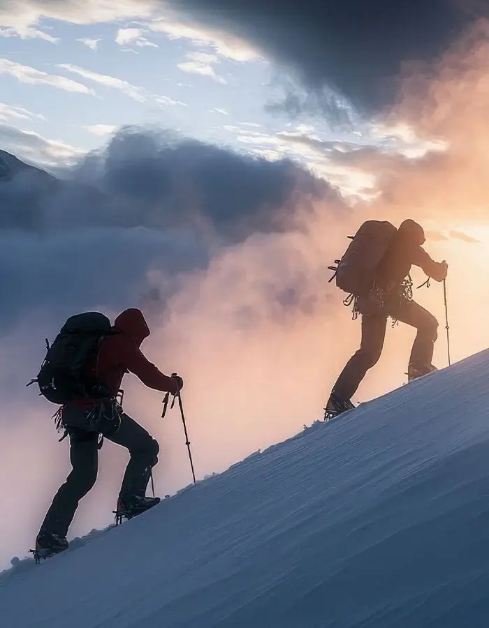 Two mountaineers climbing a snow slope at sunrise