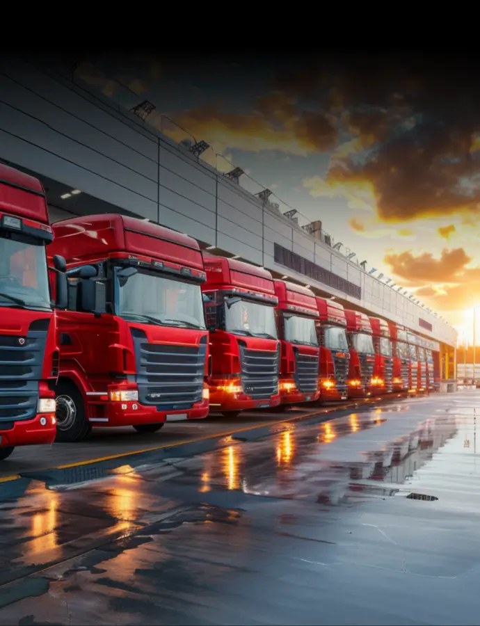 Row of trucks parked at a logistics depot at dawn