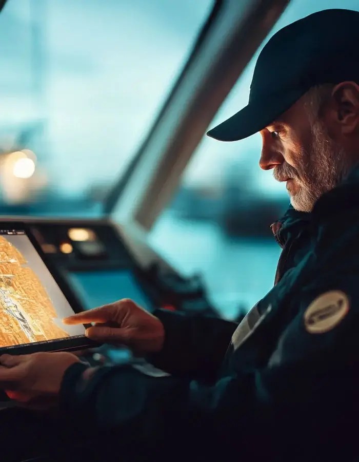 Helmsman reviewing a digital navigation display on a vessel bridge
