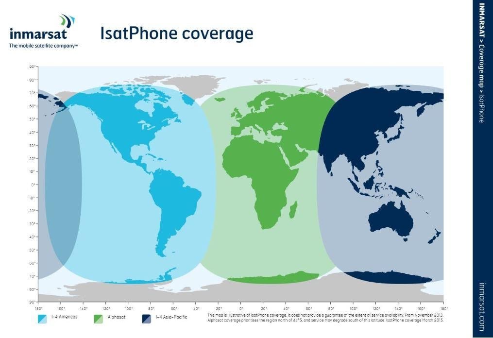 Inmarsat IsatPhone coverage map showing the three satellite regions