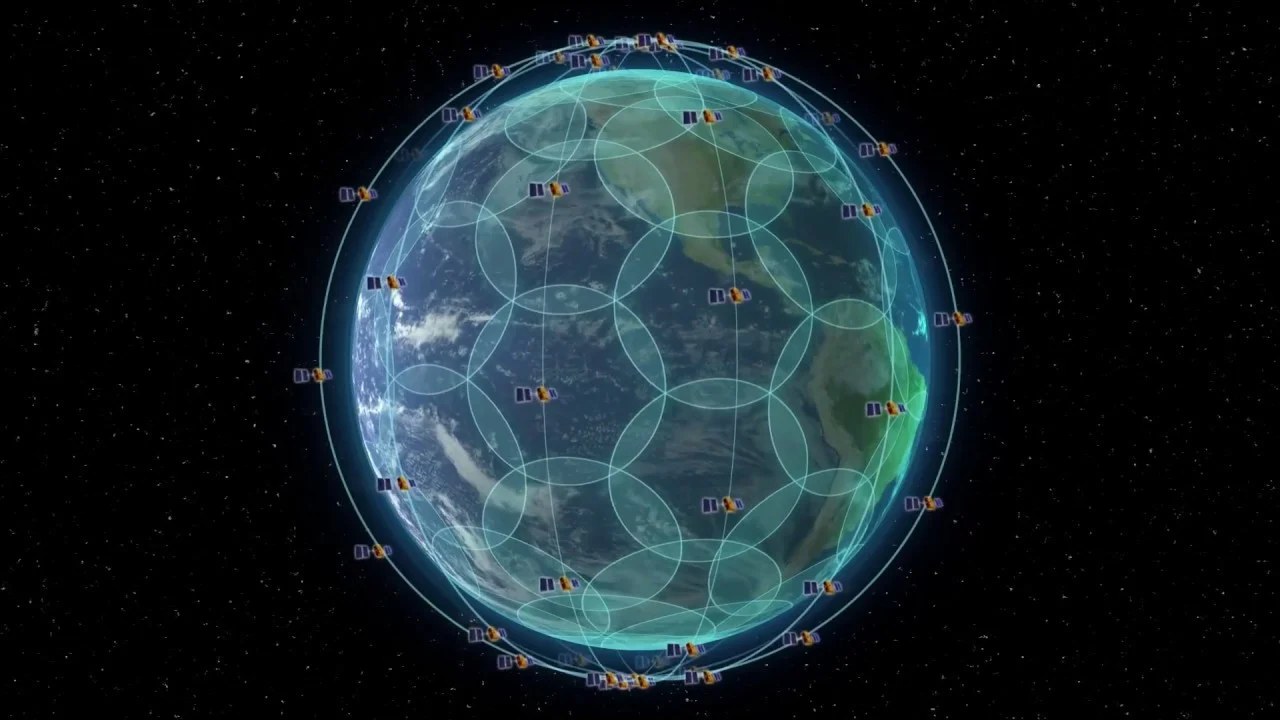 The Iridium constellation of cross-linked satellites covering the whole globe