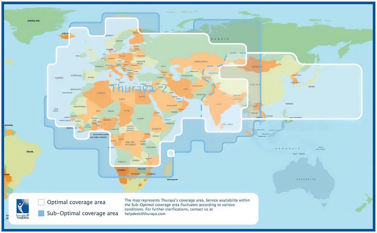 Thuraya coverage map across Europe, Africa, the Middle East, Asia and Australia