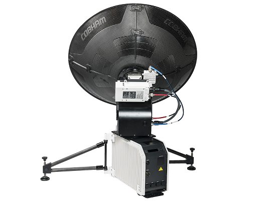 Cobham EXPLORER 5075GX fly-away antenna seen from behind, showing the feed assembly