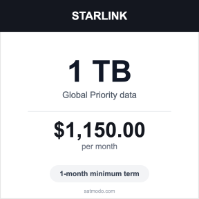 Starlink 1TB Global Priority satellite data plan card — $1,150 per month, 1-month minimum term