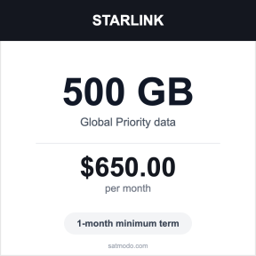 Starlink 500GB Global Priority satellite data plan card — $650 per month, 1-month minimum term
