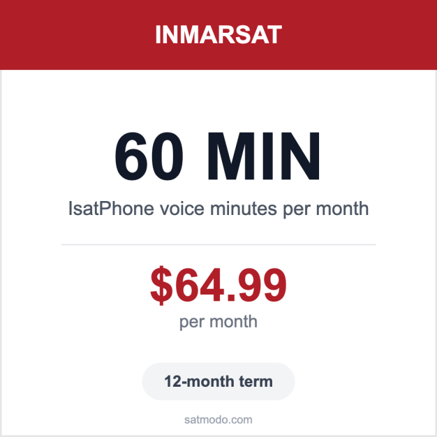 Inmarsat IsatPhone 60 voice minutes monthly plan card — $64.99 per month, 12-month term