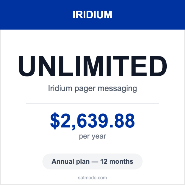 Iridium Pager unlimited annual plan card — $2,639.88 per year, 12-month term