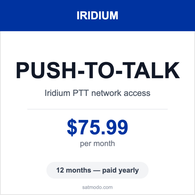 Iridium Push-to-Talk access plan card — $75.99 per month, 12-month term paid yearly