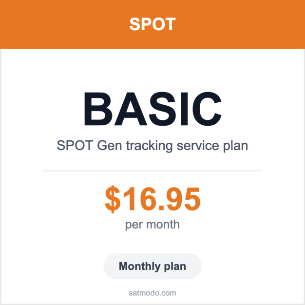 SPOT Gen Basic monthly satellite tracking service plan card — $16.95 per month