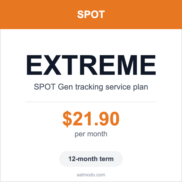 SPOT Gen Extreme monthly satellite tracking service plan card — $21.90 per month, 12-month term
