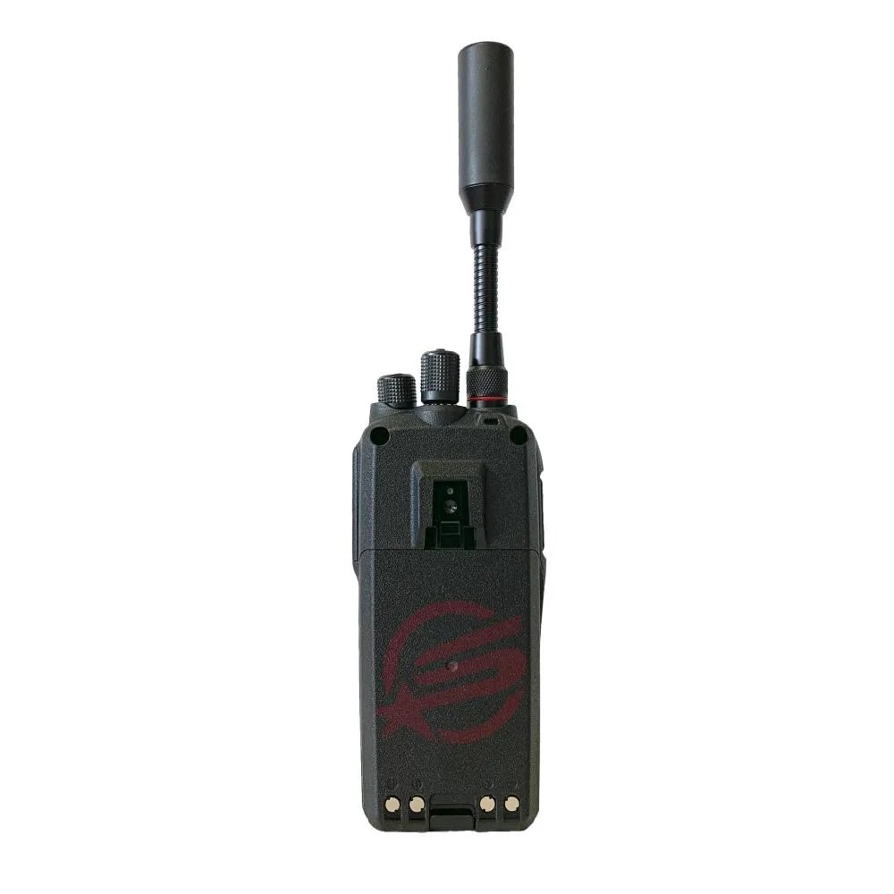 ICOM IC-SAT100 rental seen from an angle, showing the large push-to-talk button
