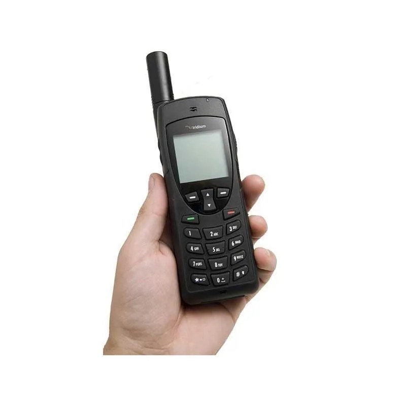 Iridium 9555 satellite phone rental held in one hand with the antenna extended