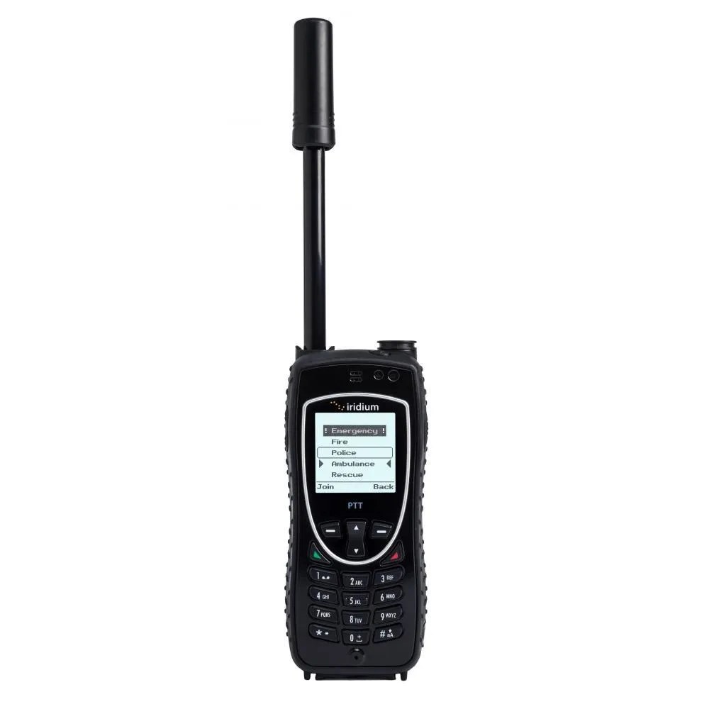 Iridium Extreme PTT rental seen from an angle, showing the push-to-talk button on the side
