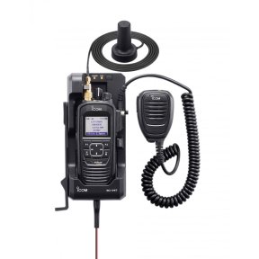 ICOM BC-247 docking station for the IC-SAT100 — radio docked with mic