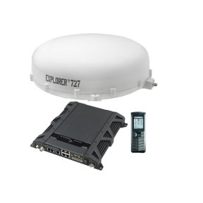 Cobham EXPLORER 727 vehicular satellite antenna in white with modem and handset