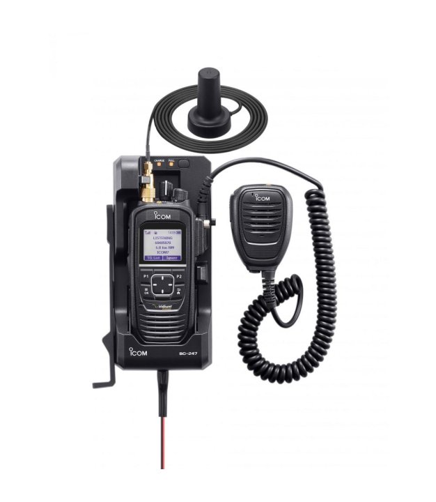 ICOM BC-247 docking station for the IC-SAT100 — radio docked with mic