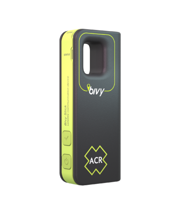ACR Bivy Stick two-way satellite messenger with SOS — front view of the tall green unit