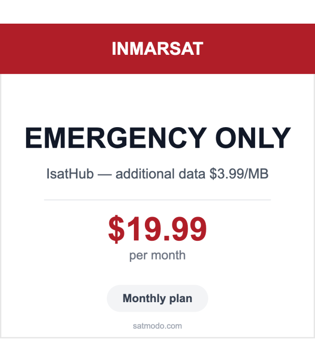 Inmarsat IsatHub Emergency Only monthly plan card — $19.99 per month, additional data $3.99 per MB