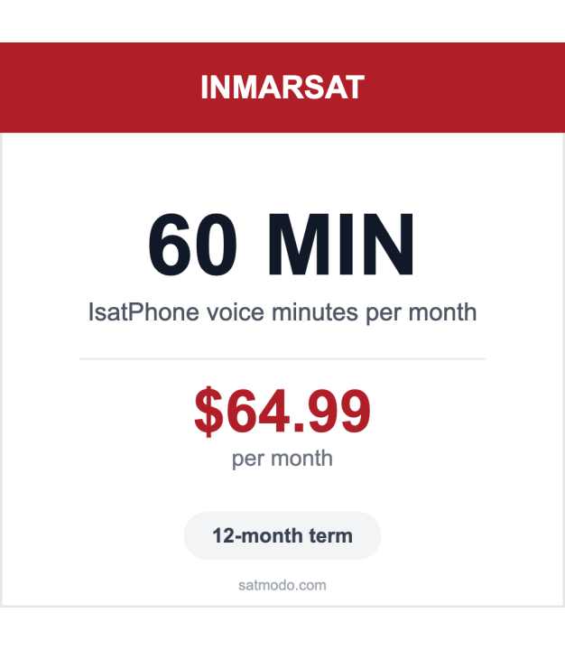 Inmarsat IsatPhone 60 voice minutes monthly plan card — $64.99 per month, 12-month term