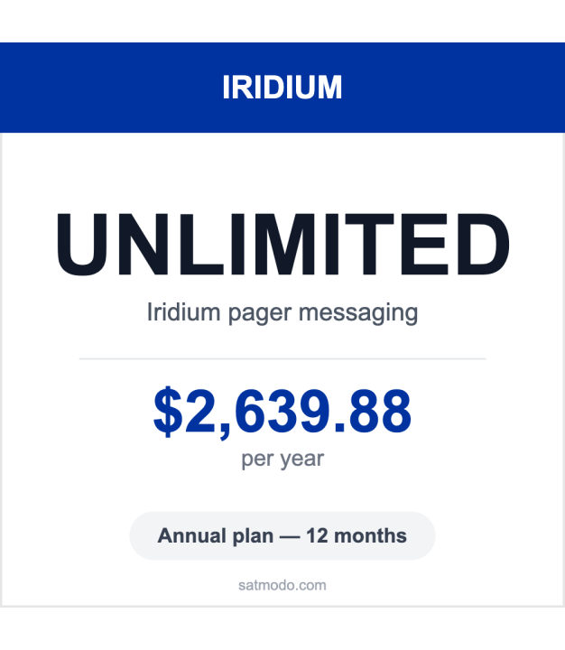 Iridium Pager unlimited annual plan card — $2,639.88 per year, 12-month term