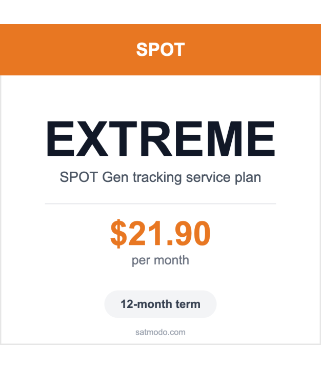 SPOT Gen Extreme monthly satellite tracking service plan card — $21.90 per month, 12-month term