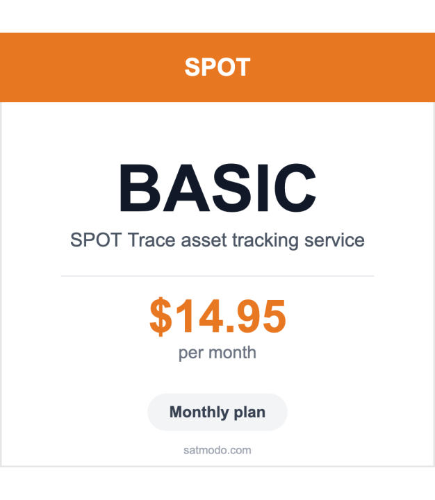 SPOT Trace Basic monthly satellite asset tracking plan card — $14.95 per month