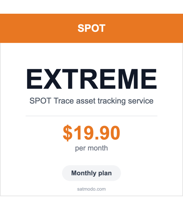 SPOT Trace Extreme monthly satellite asset tracking plan card — $19.90 per month