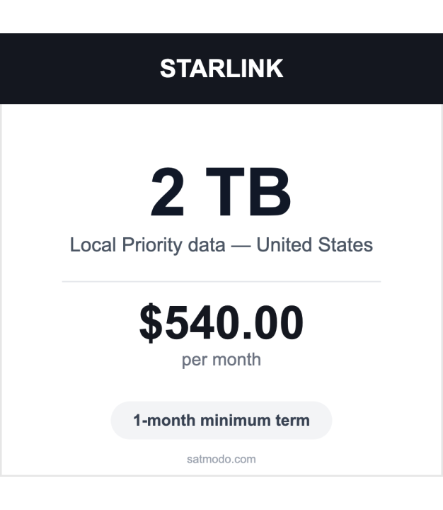 Starlink 2TB Local Priority US satellite data plan card — $540 per month, 1-month minimum term