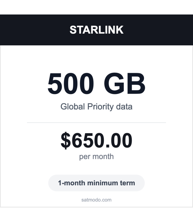 Starlink 500GB Global Priority satellite data plan card — $650 per month, 1-month minimum term