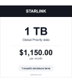 Starlink 1TB Global Priority satellite data plan card — $1,150 per month, 1-month minimum term thumbnail