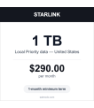 Starlink 1TB Local Priority US satellite data plan card — $290 per month, 1-month minimum term thumbnail