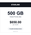Starlink 500GB Global Priority satellite data plan card — $650 per month, 1-month minimum term thumbnail