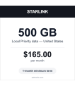 Starlink 500GB Local Priority US satellite data plan card — $165 per month, 1-month minimum term thumbnail
