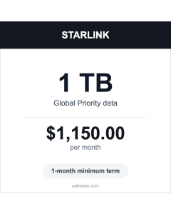 Starlink 1TB Global Priority satellite data plan card — $1,150 per month, 1-month minimum term