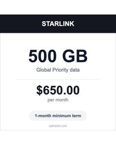 Starlink 500GB Global Priority satellite data plan card — $650 per month, 1-month minimum term