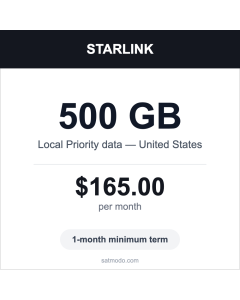 Starlink 500GB Local Priority US satellite data plan card — $165 per month, 1-month minimum term