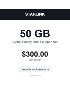 Starlink 50GB Global Priority satellite data plan card — $300 per month, 1-month minimum term